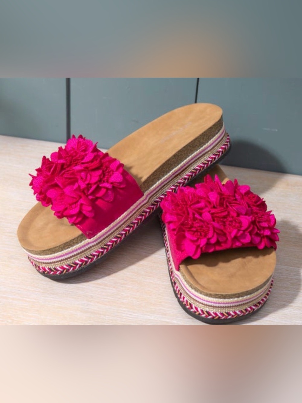 Hot Pink Floral Espadrille Slide Sandals for Women